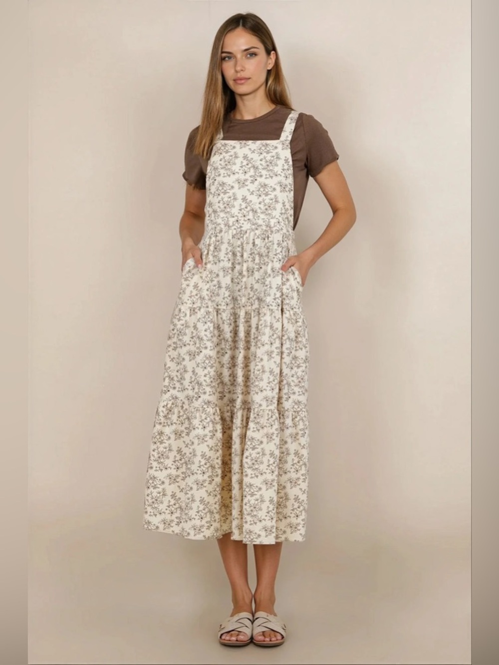 FEHRNVI Shay Overall Apron Dress / Size S / Black Floral Taupe